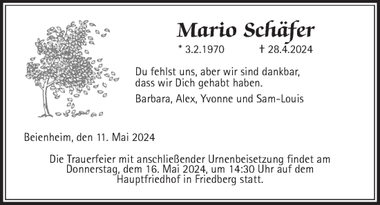 Traueranzeige von Mario Schäfer von Wetterauer Zeitung