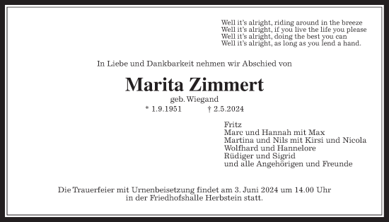 Traueranzeige von Marita Zimmert von Lauterbacher Anzeiger