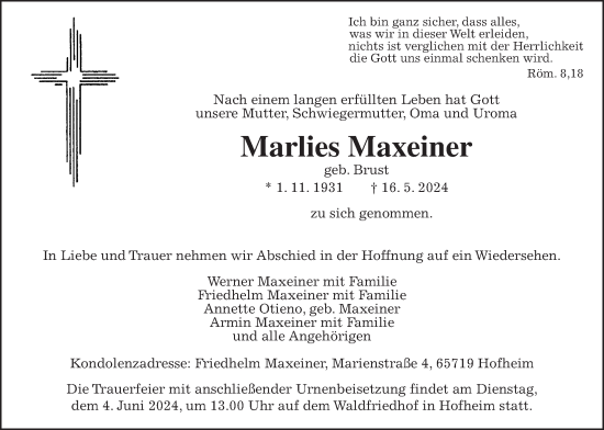 Traueranzeige von Marlies Maxeiner 