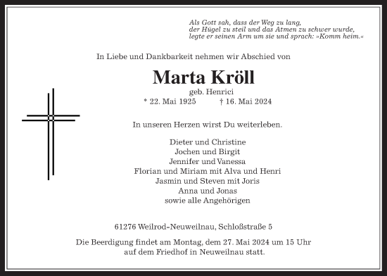 Traueranzeige von Marta Kröll von Usinger Anzeiger, Usinger Anzeigenblatt