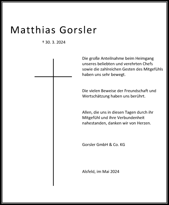 Traueranzeige von Matthias Gorsler von Oberhessische Zeitung, Alsfelder Allgemeine, Lauterbacher Anzeiger