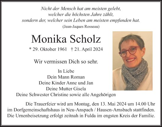 Traueranzeige von Monika Scholz von Usinger Anzeigenblatt