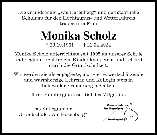 Traueranzeige von Monika Scholz von Usinger Anzeiger