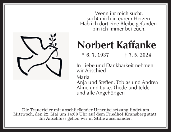 Traueranzeige von Norbert Kaffanke von Usinger Anzeiger