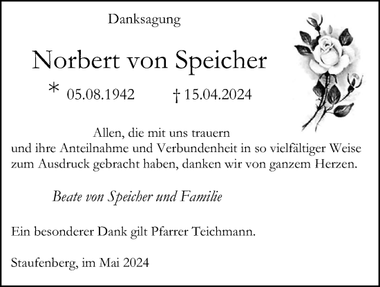 Traueranzeige von Norbert von Speicher von Giessener Allgemeine, Alsfelder Allgemeine, Giessener Anzeiger