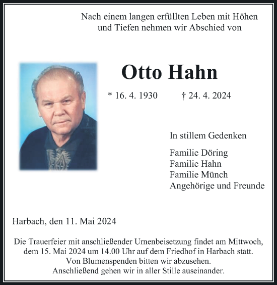 Traueranzeige von Otto Hahn von Giessener Allgemeine, Alsfelder Allgemeine, Giessener Anzeiger