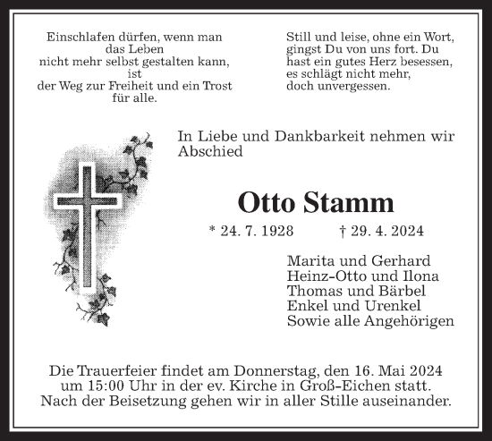 Traueranzeige von Otto Stamm von Giessener Allgemeine, Alsfelder Allgemeine