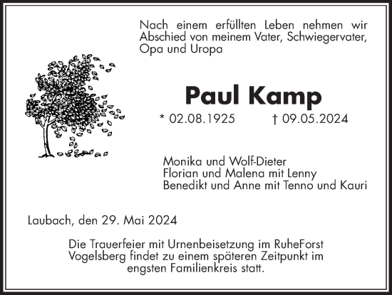 Traueranzeige von Paul Kamp von Laubacher Anzeiger