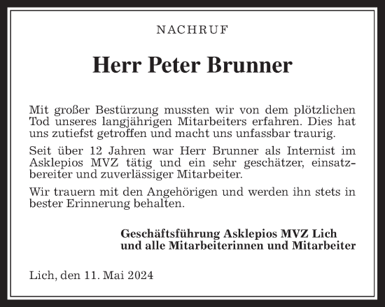 Traueranzeige von Peter Brunner von Giessener Allgemeine, Alsfelder Allgemeine, Giessener Anzeiger