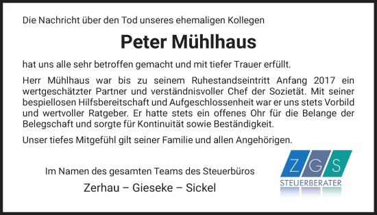 Traueranzeige von Peter Mühlhaus 