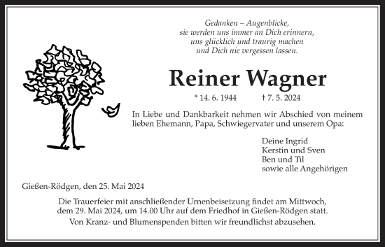 Traueranzeige von Reiner Wagner von Giessener Anzeiger, Giessener Allgemeine, Alsfelder Allgemeine