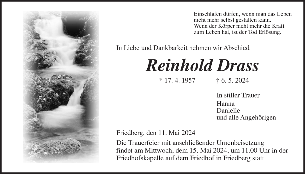  Traueranzeige für Reinhold Drass vom 11.05.2024 aus Wetterauer Zeitung