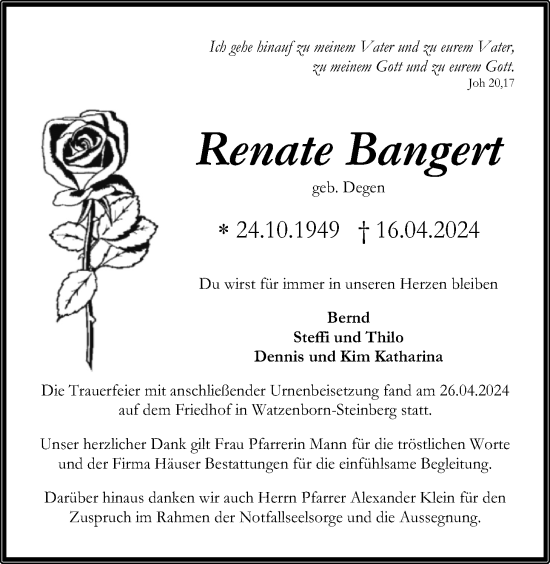 Traueranzeige von Renate Bangert von Pohlheimer Nachrichten