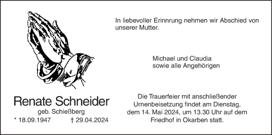 Traueranzeige von Renate Schneider von Wetterauer Zeitung