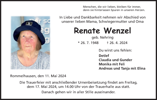 Traueranzeige von Renate Wenzel von Kreis-Anzeiger