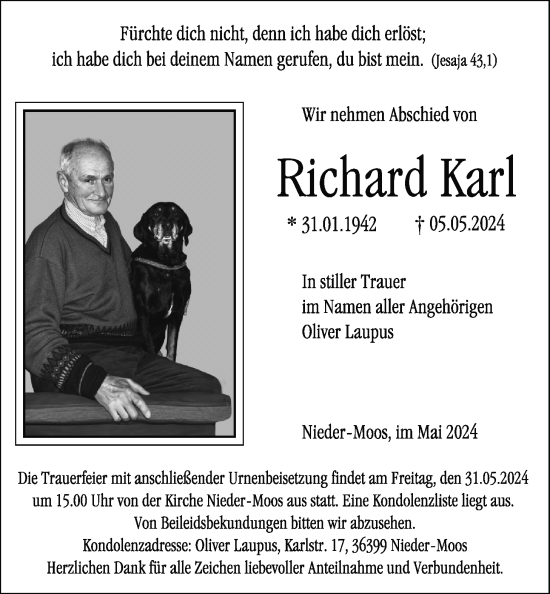 Traueranzeige von Richard Karl von Lauterbacher Anzeiger