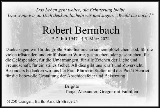 Traueranzeige von Robert Bermbach von Usinger Anzeiger