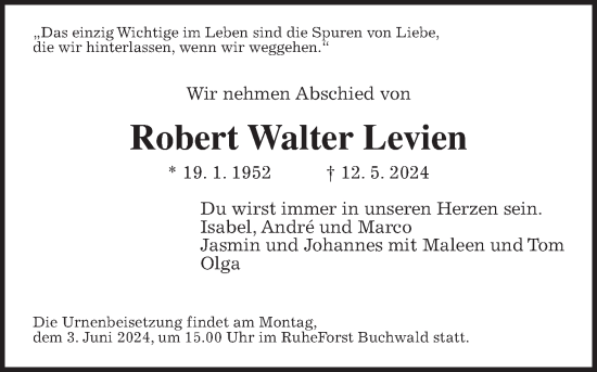 Traueranzeige von Robert Walter Levien von Oberhessische Zeitung