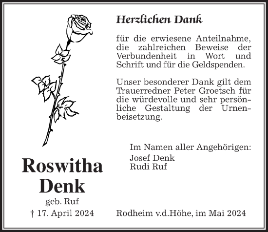 Traueranzeige von Roswitha Denk von Wetterauer Zeitung