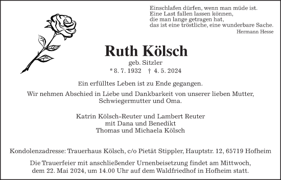 Traueranzeige von Ruth Kölsch 