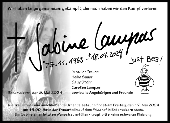 Traueranzeige von Sabine Lampas von Kreis-Anzeiger