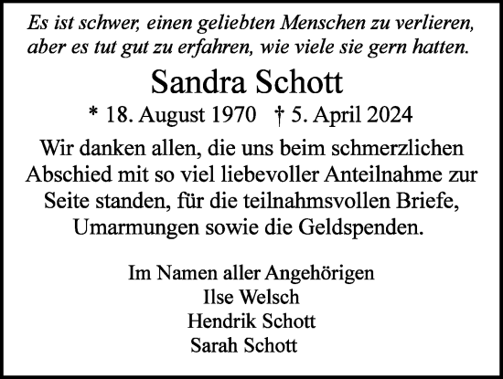 Traueranzeige von Sandra Schott von Usinger Anzeigenblatt
