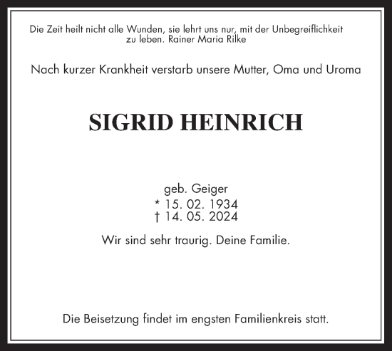 Traueranzeige von Sigrid Heinrich von Wetterauer Zeitung