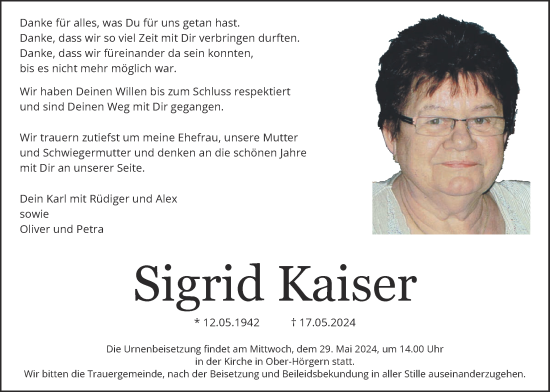 Traueranzeige von Sigrid Kaiser von Butzbacher Zeitung