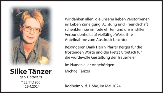 Traueranzeige von Silke Tänzer von Wetterauer Zeitung