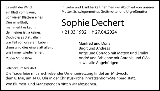 Traueranzeige von Sophie Dechert von Giessener Allgemeine, Alsfelder Allgemeine, Giessener Anzeiger