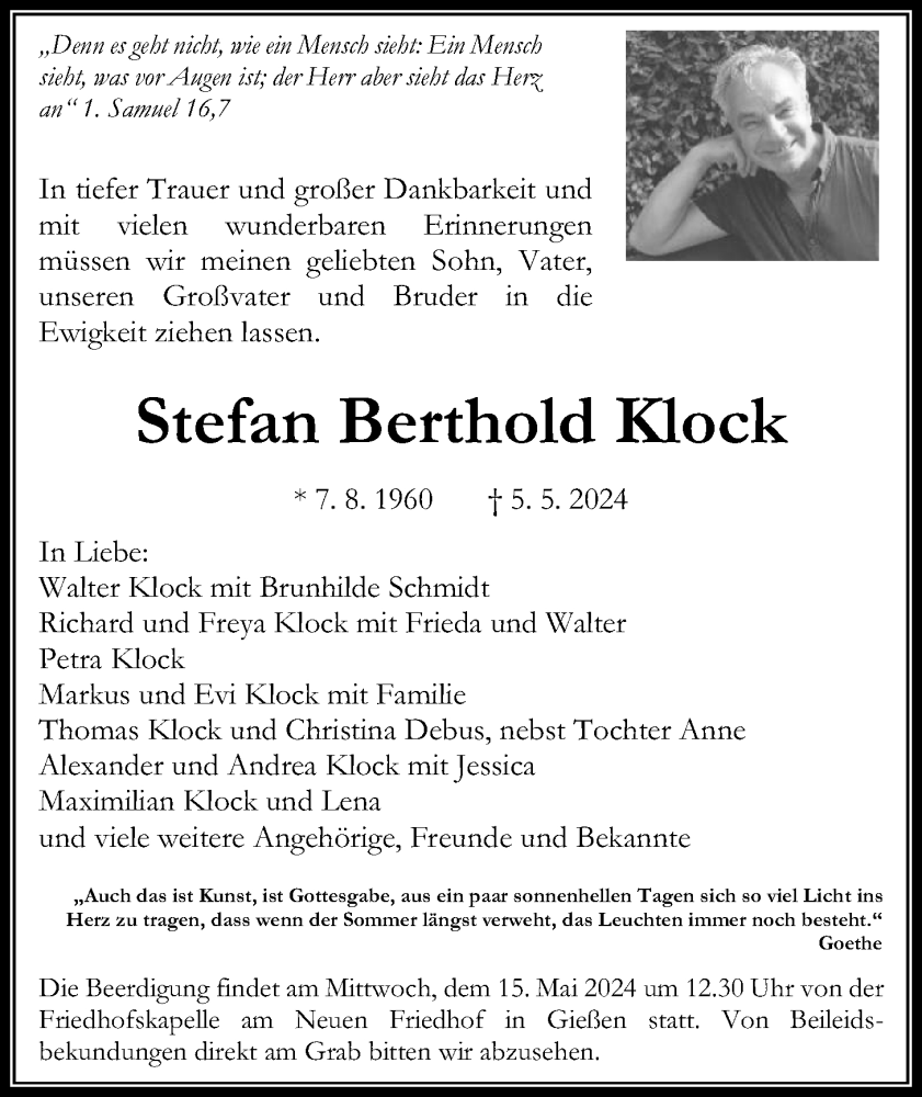  Traueranzeige für Stefan Berthold Klock vom 11.05.2024 aus Giessener Allgemeine, Alsfelder Allgemeine, Giessener Anzeiger