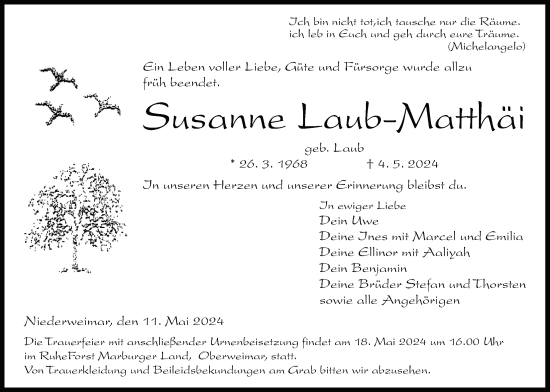 Traueranzeige von Susanne Laub-Matthäi von Giessener Allgemeine, Alsfelder Allgemeine