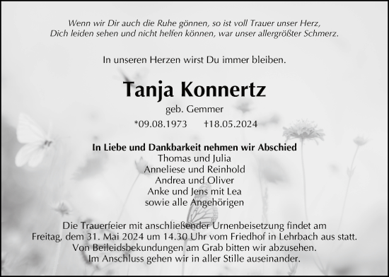 Traueranzeige von Tanja Konnertz von Alsfelder Allgemeine, Oberhessische Zeitung