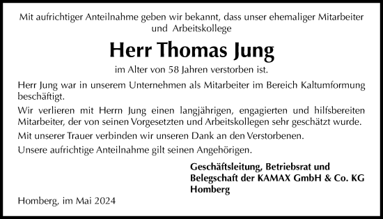 Traueranzeige von Thomas Jung von Giessener Allgemeine, Alsfelder Allgemeine