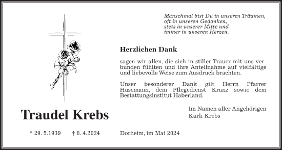 Traueranzeige von Traudel Krebs von Wetterauer Zeitung