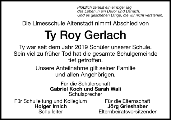 Traueranzeige von Ty Roy Gerlach von Kreis-Anzeiger