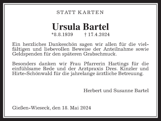 Traueranzeige von Ursula Bartel von Giessener Allgemeine, Alsfelder Allgemeine, Giessener Anzeiger