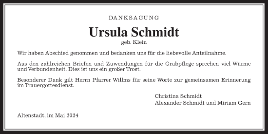 Traueranzeige von Ursula Schmidt von Kreis-Anzeiger