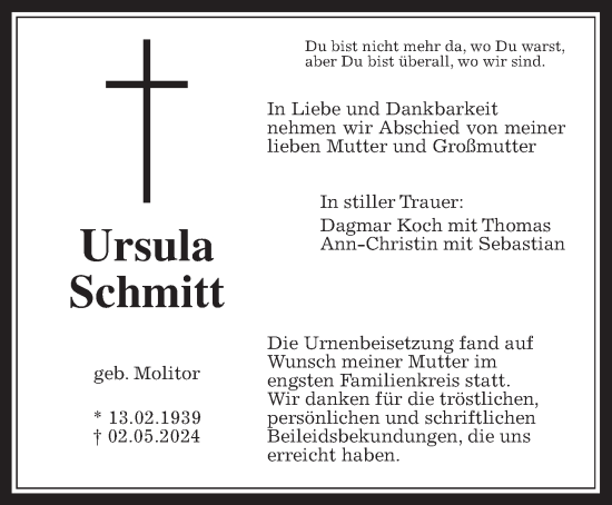 Traueranzeige von Ursula Schmitt von Wetterauer Zeitung