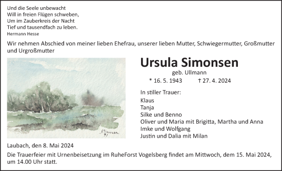 Traueranzeige von Ursula Simonsen von Laubacher Anzeiger, Giessener Allgemeine, Alsfelder Allgemeine, Giessener Anzeiger