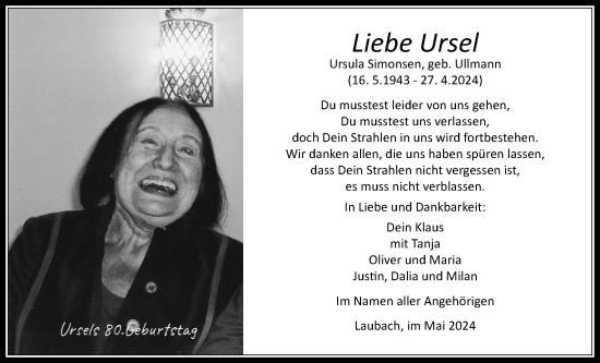 Traueranzeige von Ursula Simonsen von Laubacher Anzeiger