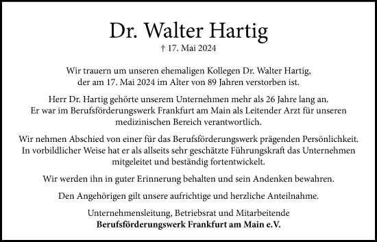 Traueranzeige von Walter Hartig von Bad Vilbel/Karben