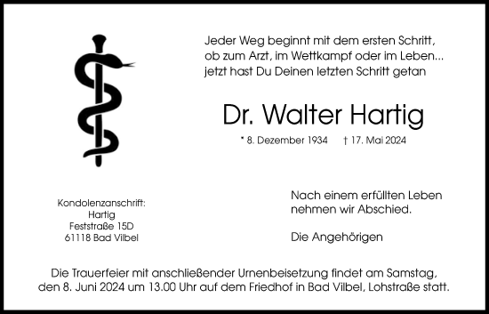 Traueranzeige von Walter Hartig von Bad Vilbel/Karben