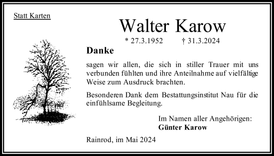 Traueranzeige von Walter Karow von Oberhessische Zeitung