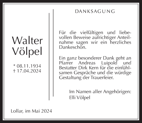 Traueranzeige von Walter Völpel von Giessener Anzeiger, Giessener Allgemeine, Alsfelder Allgemeine