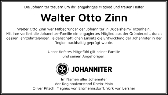 Traueranzeige von Walter Otto Zinn von Wetterauer Zeitung