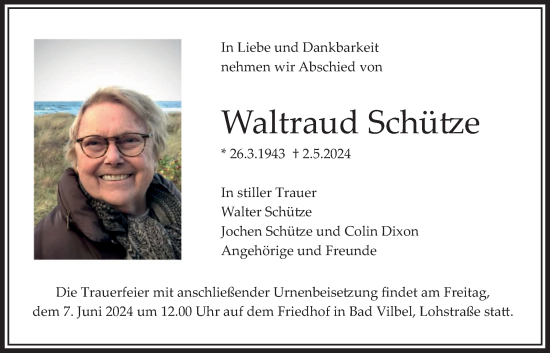 Traueranzeige von Waltraud Schütze von Bad Vilbel/Karben