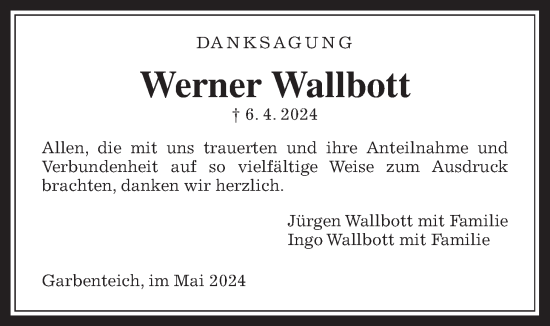 Traueranzeige von Werner Wallbott von Pohlheimer Nachrichten