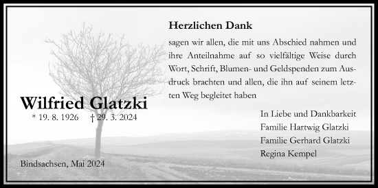 Traueranzeige von Wilfried Glatzki von Kreis-Anzeiger