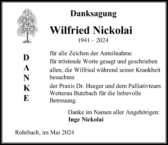 Traueranzeige von Wilfried Nickolai von Kreis-Anzeiger